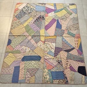 Vintage Abstract patchwork quilt Blue Pink Yellow Red Green  Thin 69”x80” Read